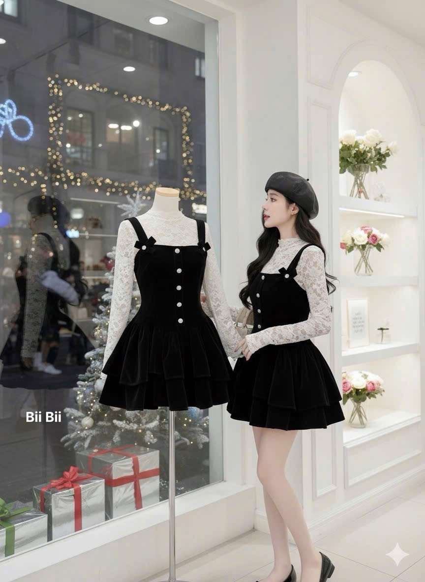 Set yếm nhung cổ vuông