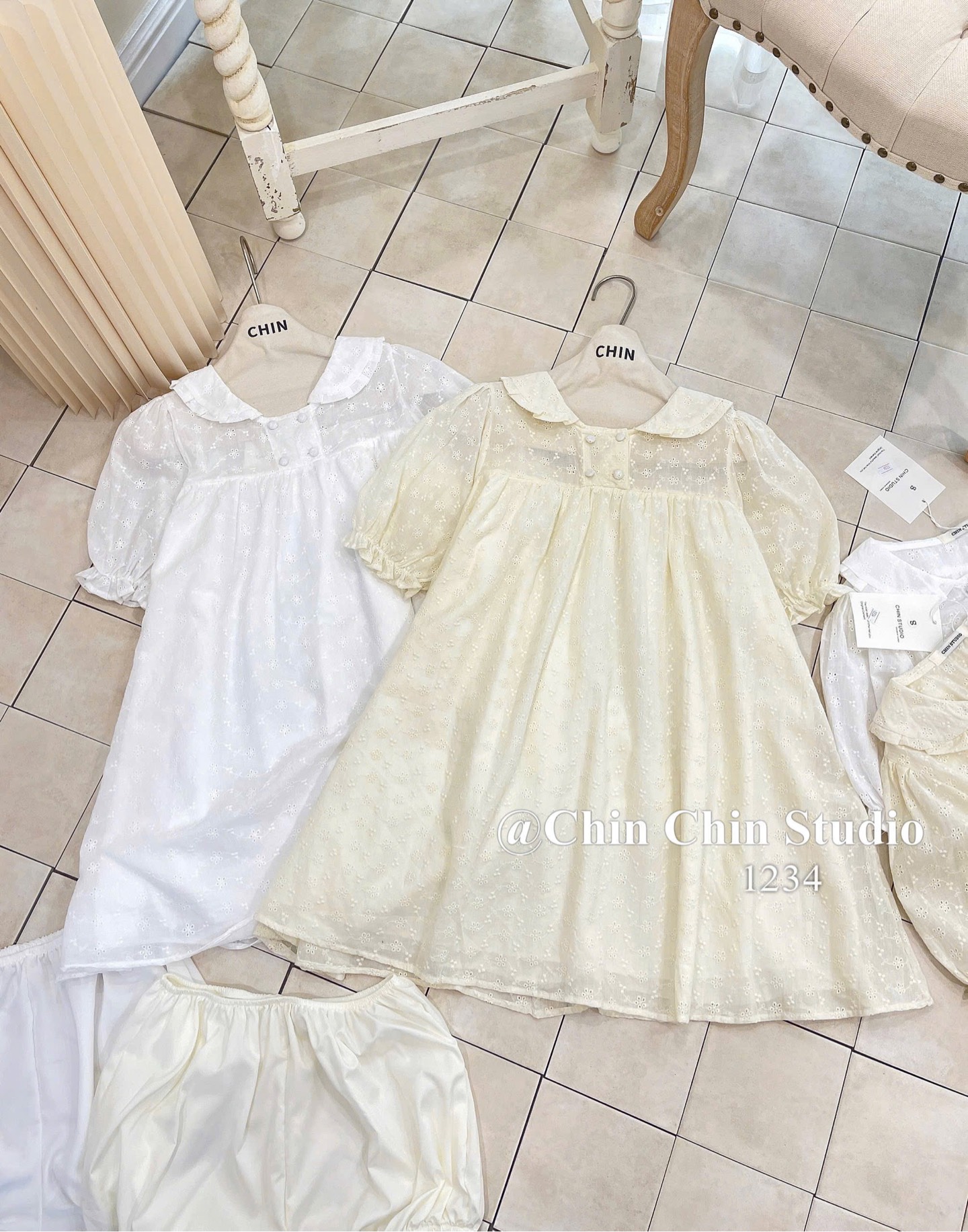 Set áo váy babydoll tay phồng thêu hoa kèm quần
