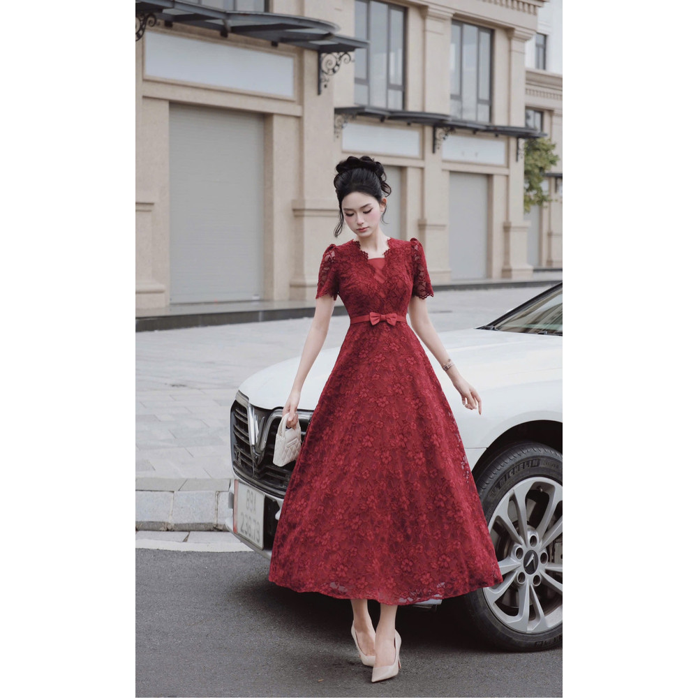 Đầm thiết kế cổ V ren thắt eo nơ cao cấp
