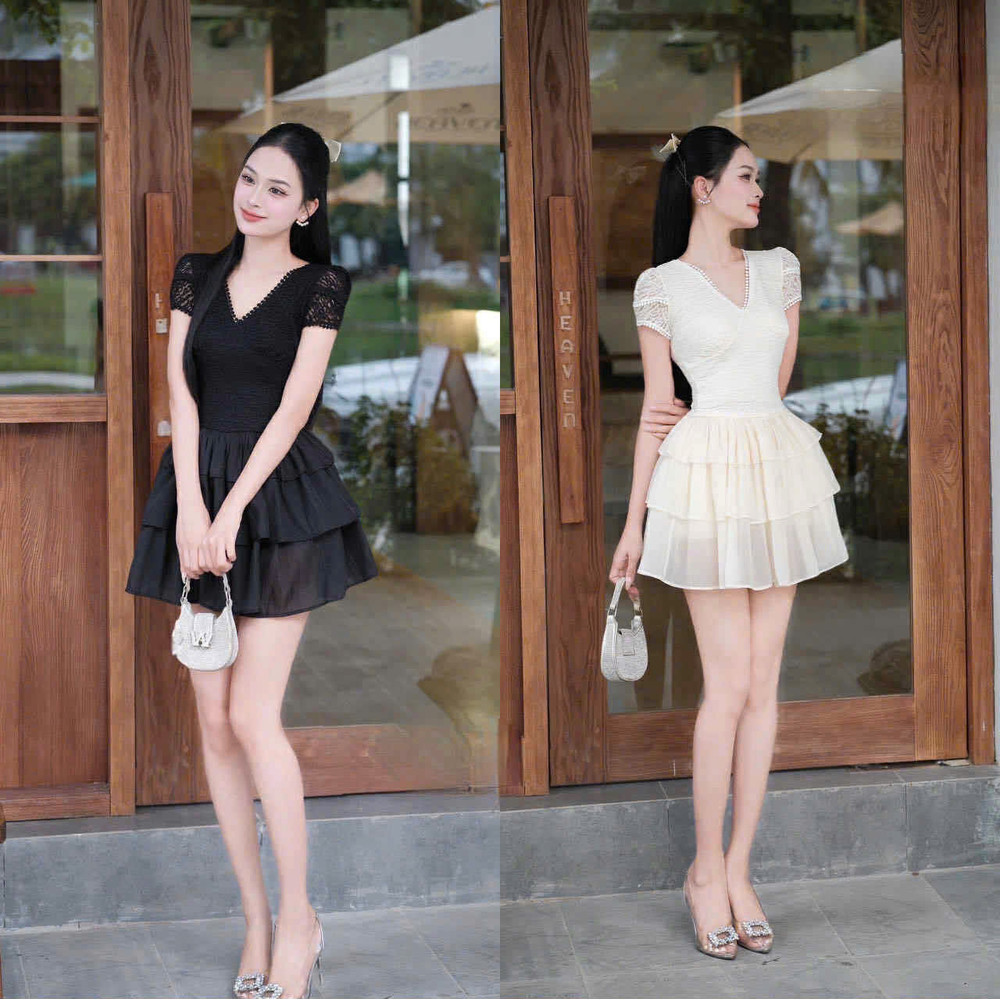 Đầm thiết kế dáng  ngắn cổ tim tay ngắn phối ren 2 tầng voan cao cấp đi tiệc