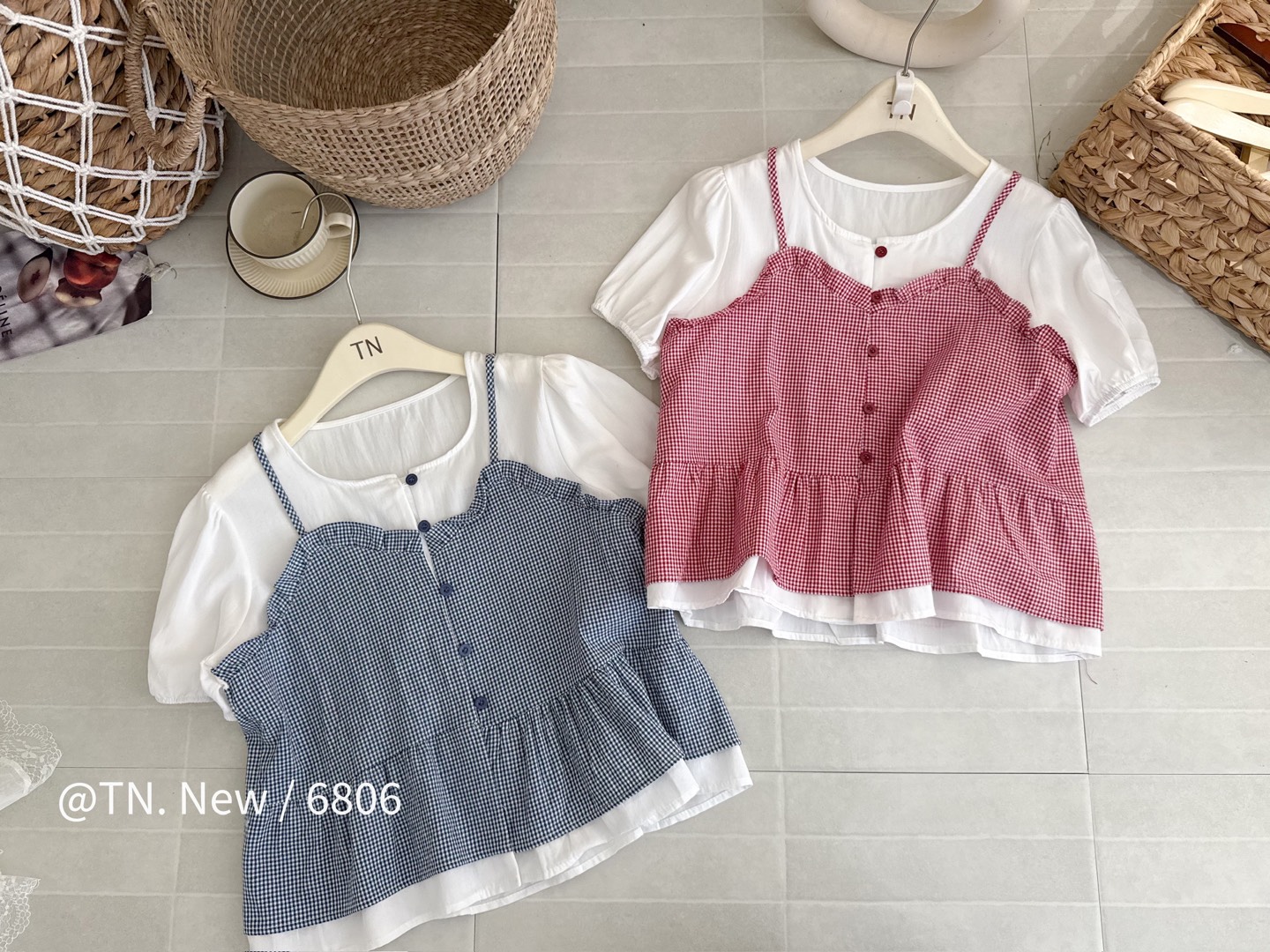 Áo kiểu phối 2 dây caro