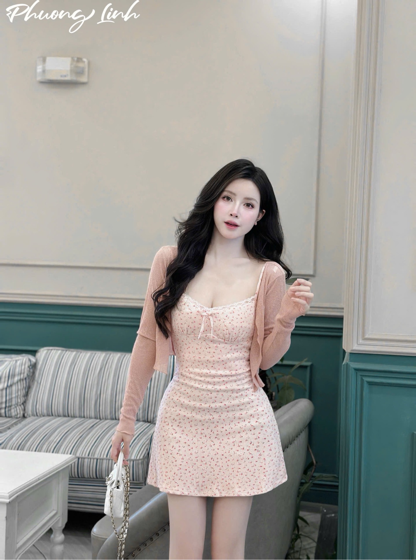 Đầm 2 dây hoa nhí kèm khoác Pl