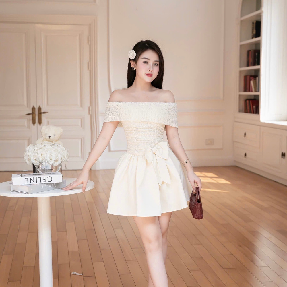 Đầm trễ vai ôm ngực dáng ngắn xòe thiết kế cao cấp đi tiệc