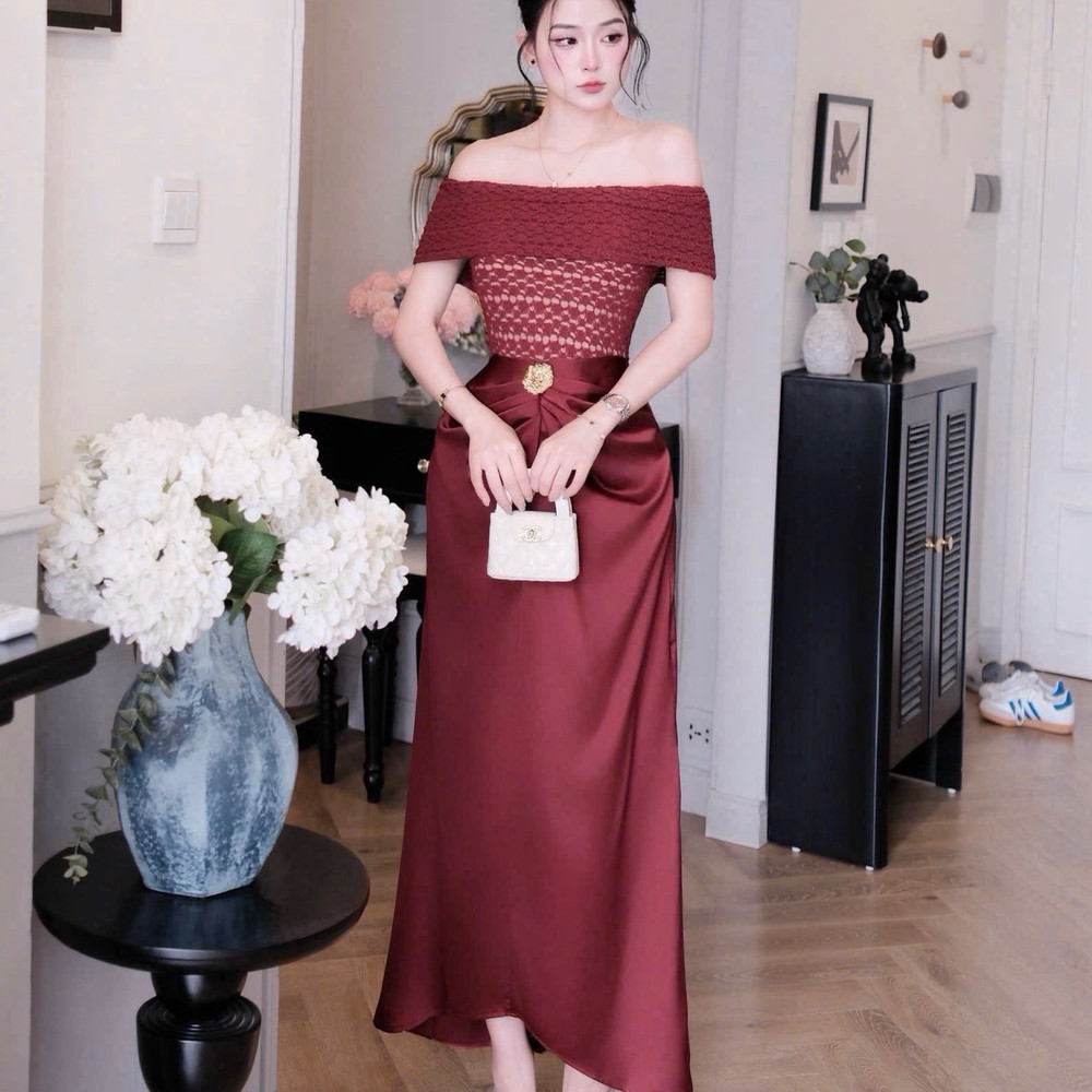 Đầm thiết kế trễ vai dáng dài nhấn eo đính đá