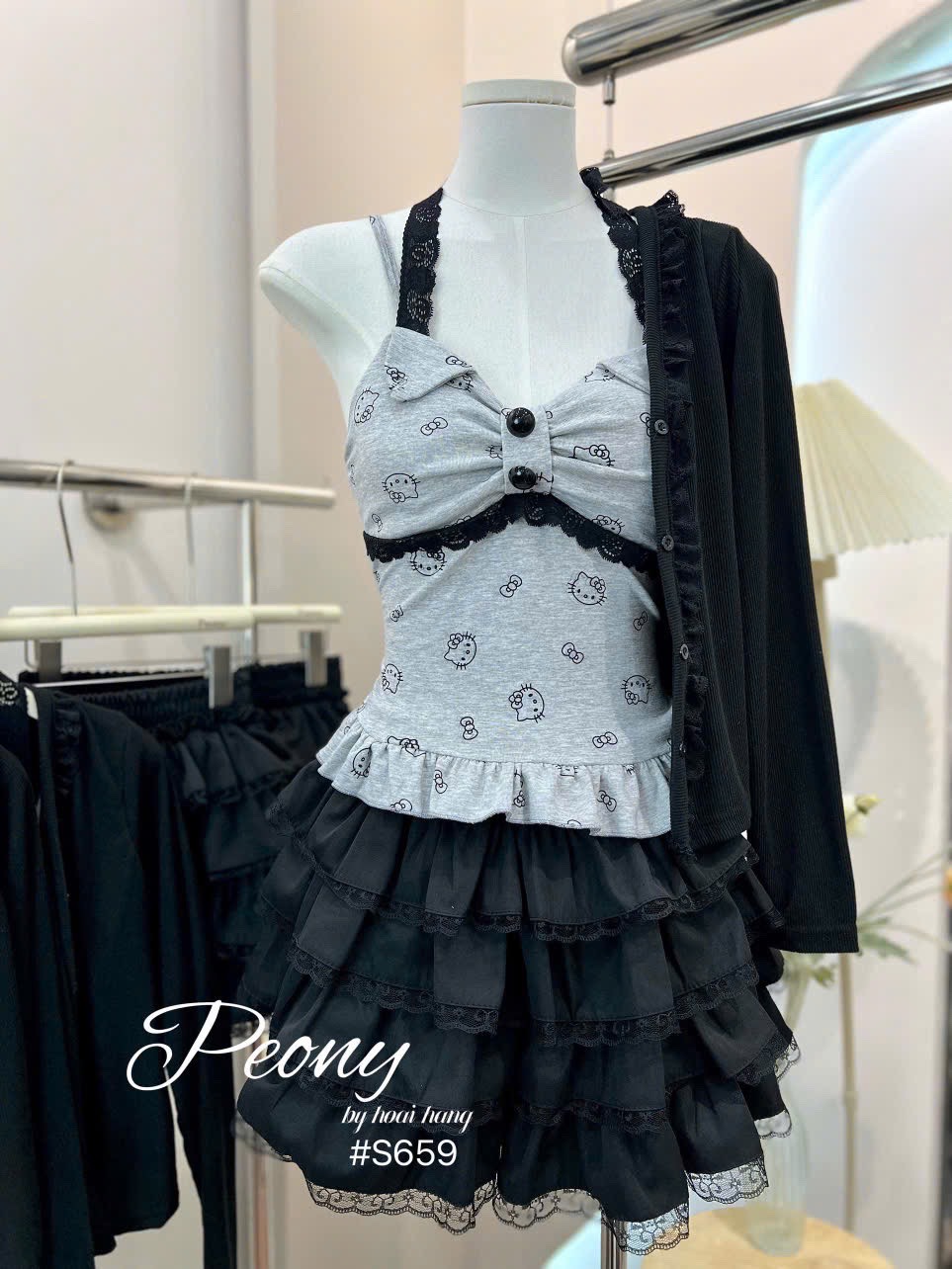Set 3 món áo zip in hình phối dây ren kèm khoác+cv bèo tầng viền ren