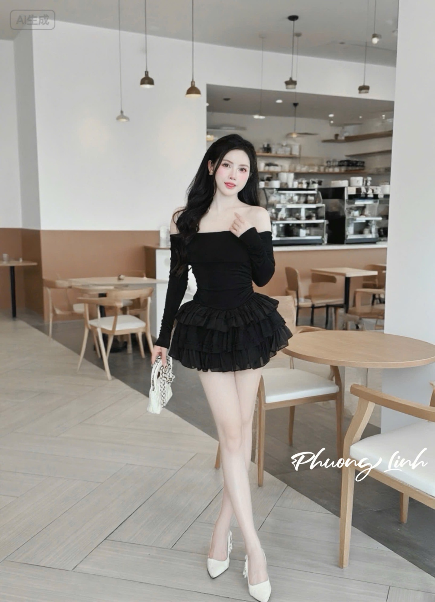 Set trễ vai tay dài chân váy tầng pl