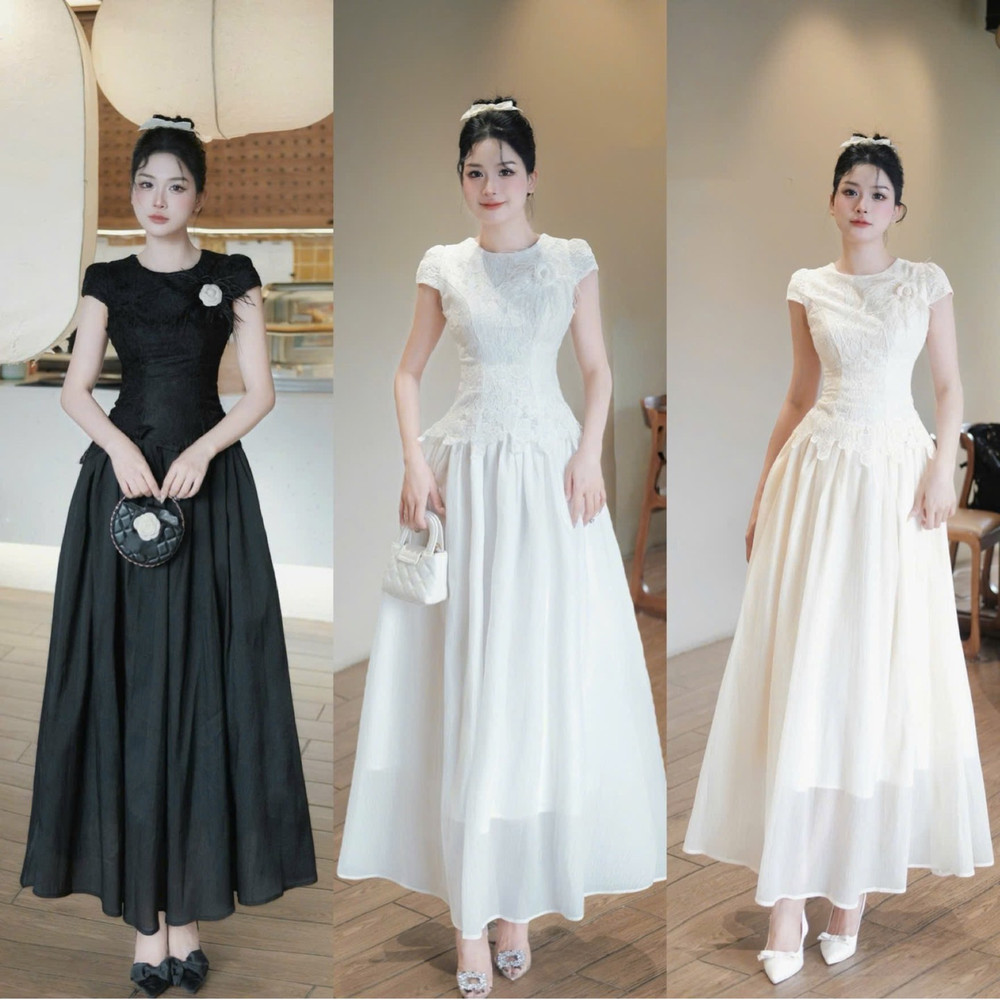 Đầm thiết kế chất ren cổ tròn phối chân tơ tặng hoa 3 màu đen kem trắng