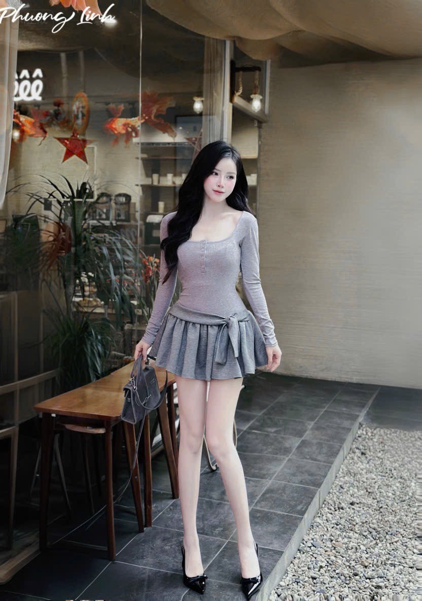 Đầm cổ chữ U cài cúc chân xếp ly buộc nơ