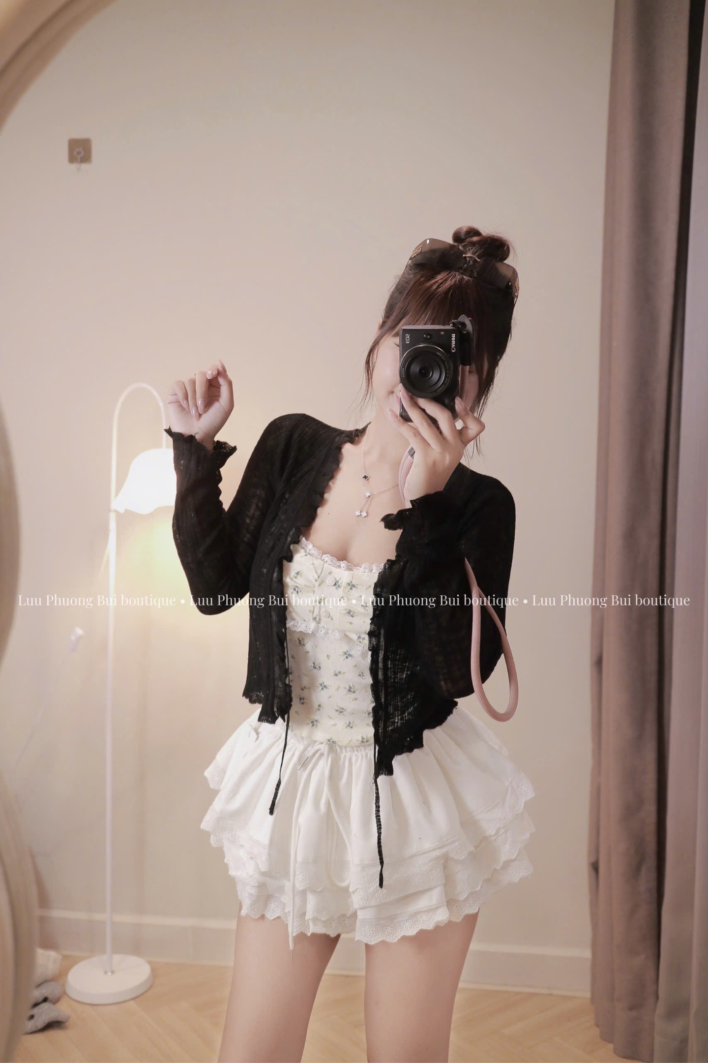 Áo kiểu set khoác cột dây áo hoa nhí