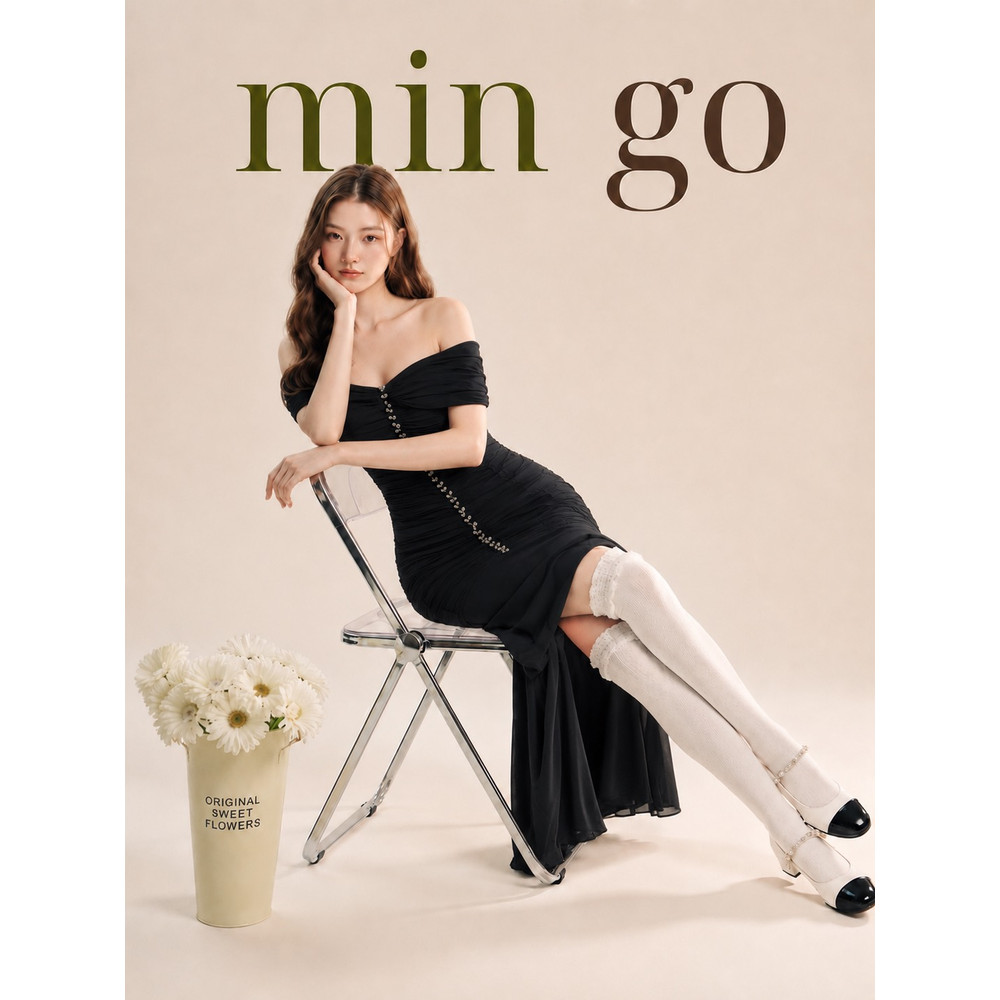 Đầm thiết kế trễ vai đính đá dọc dáng xoè