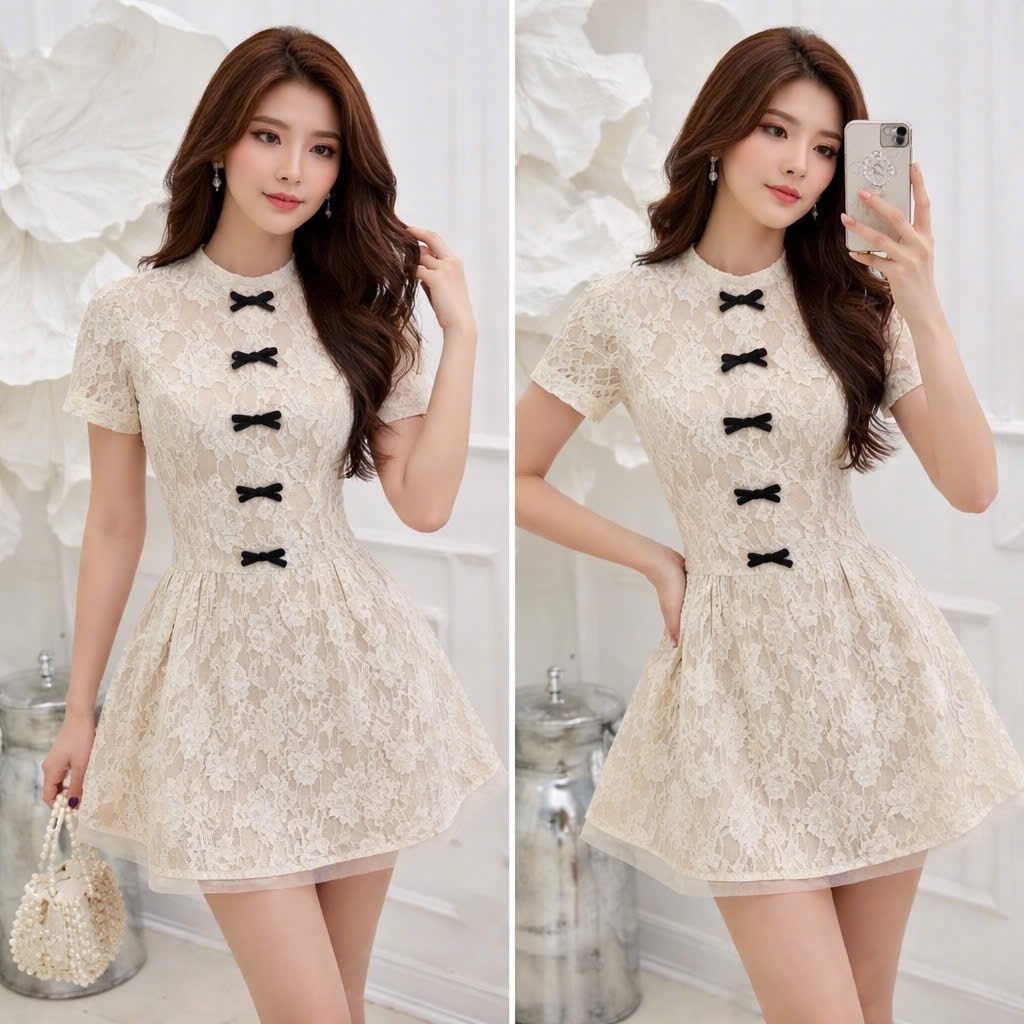 Đầm thiết kế thêu ren nơ dọc