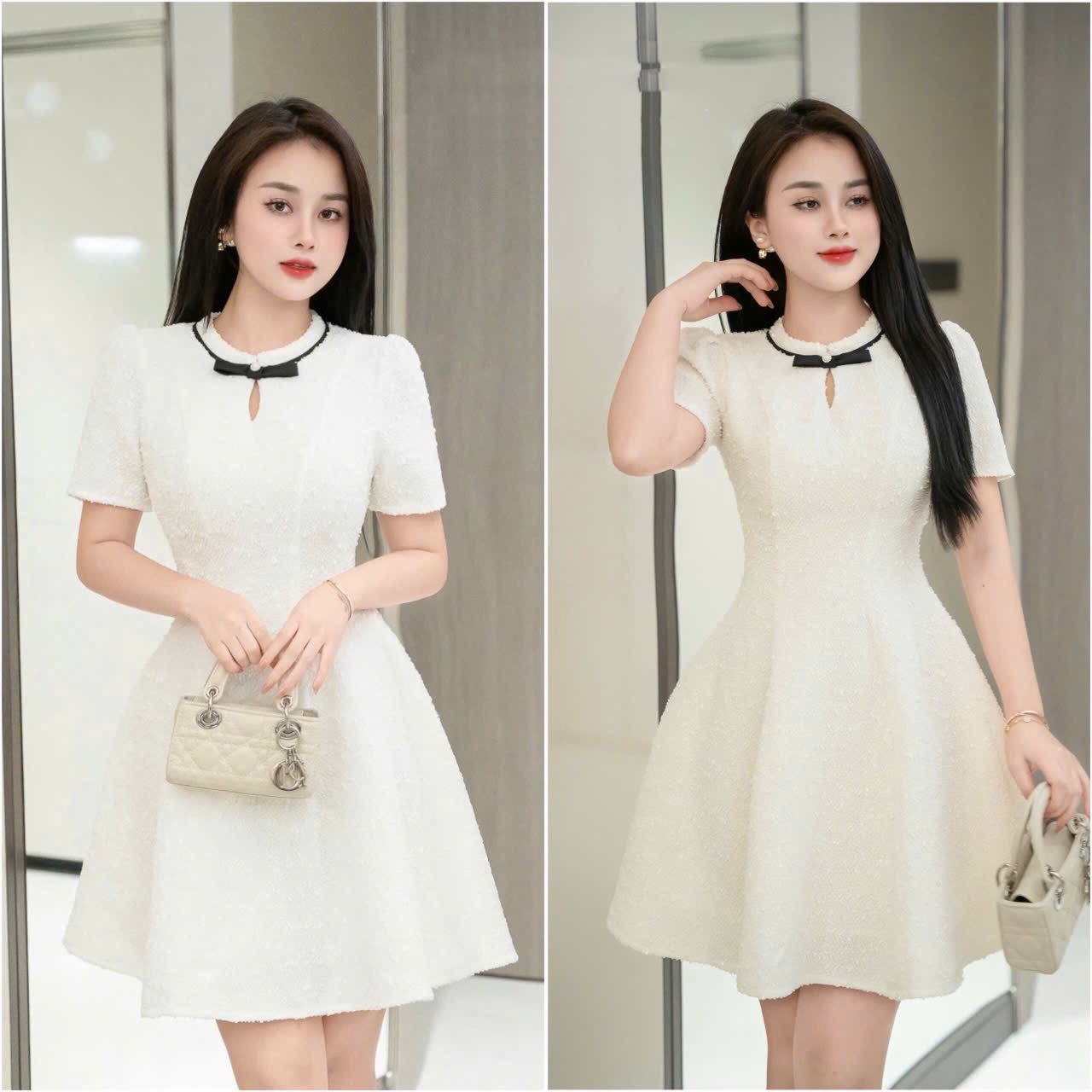 Đầm ren len cổ tròn chữ A dáng ngắn đỏ trắng