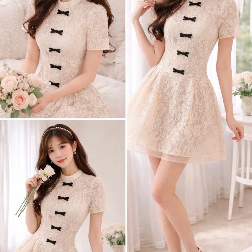 Đầm thiết kế thêu ren nơ dọc