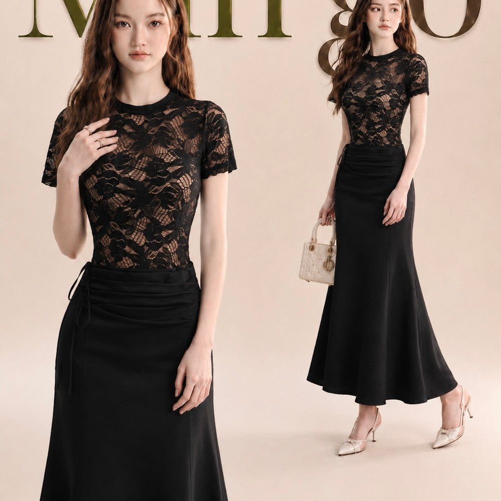 Đầm thiết kế ren body cổ tròn dáng dài thanh lịch