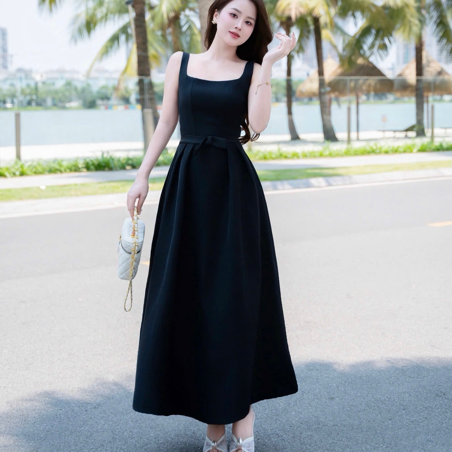 Đầm thiết kế 2 dây cổ vuông dáng dài