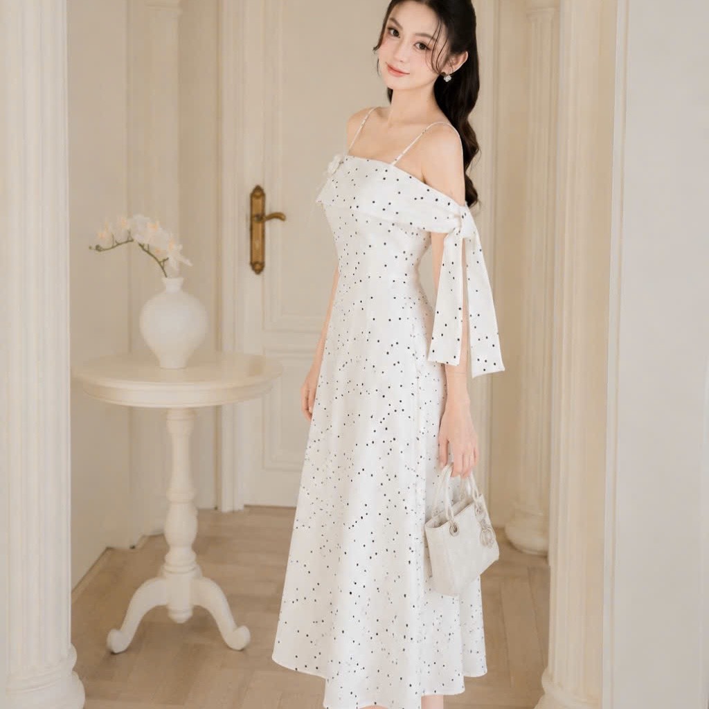 Đầm thiết kế 2 dây trễ vai nơ bên vai chấm bi