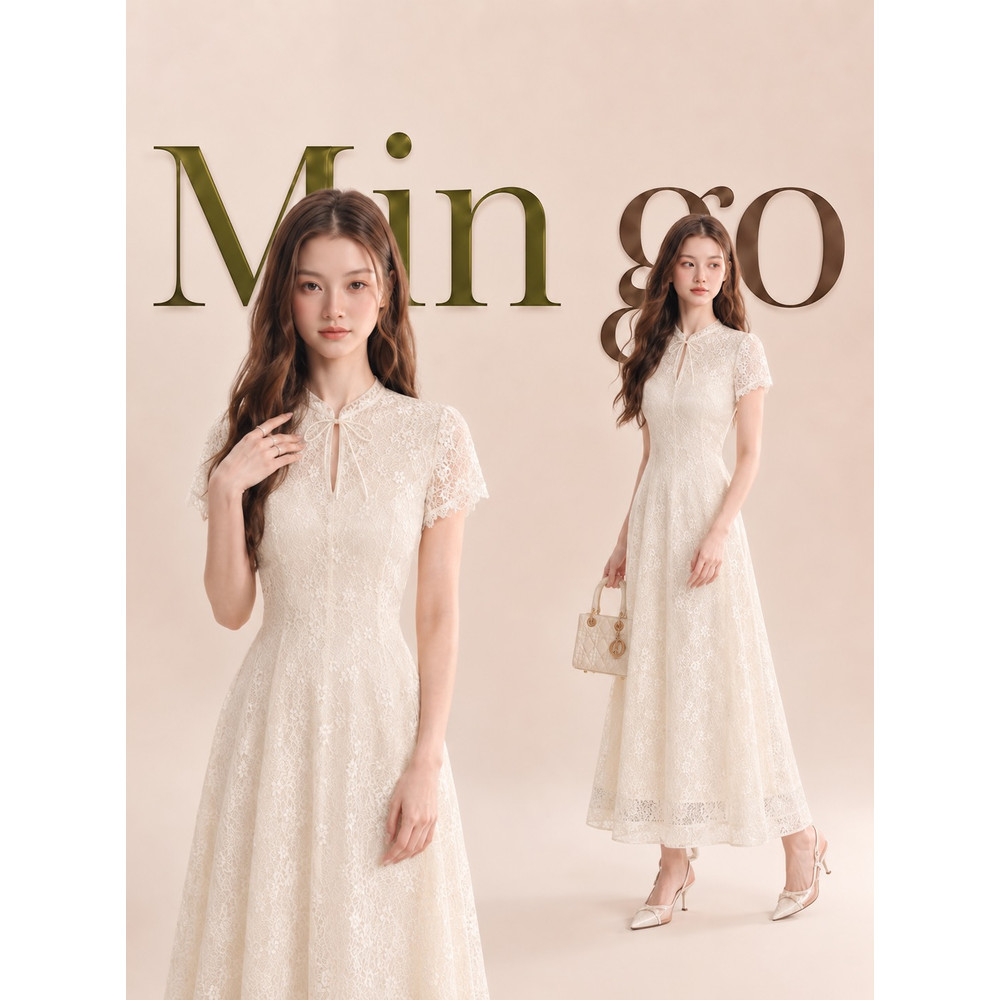 Đầm thiết kế cổ tàu ren nơ cổ dáng dài