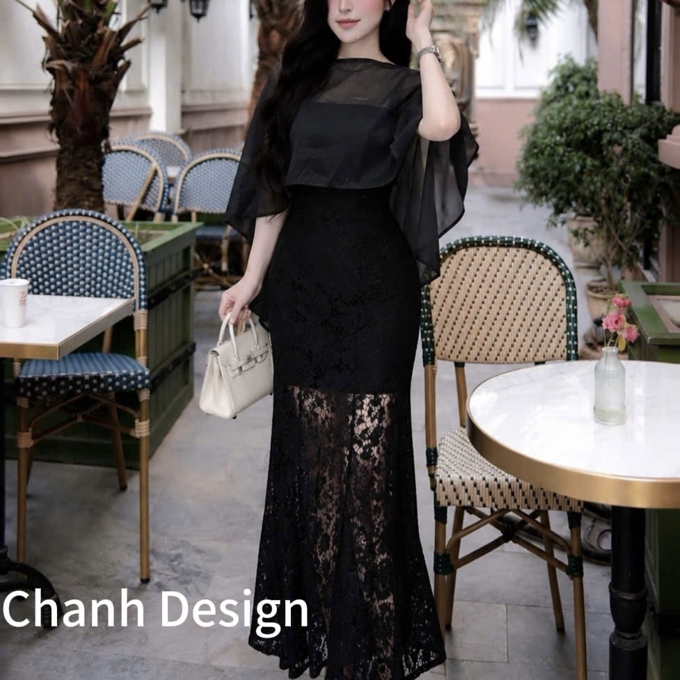 Đầm thiết kế 2 dây ren kèm áo choàng voan