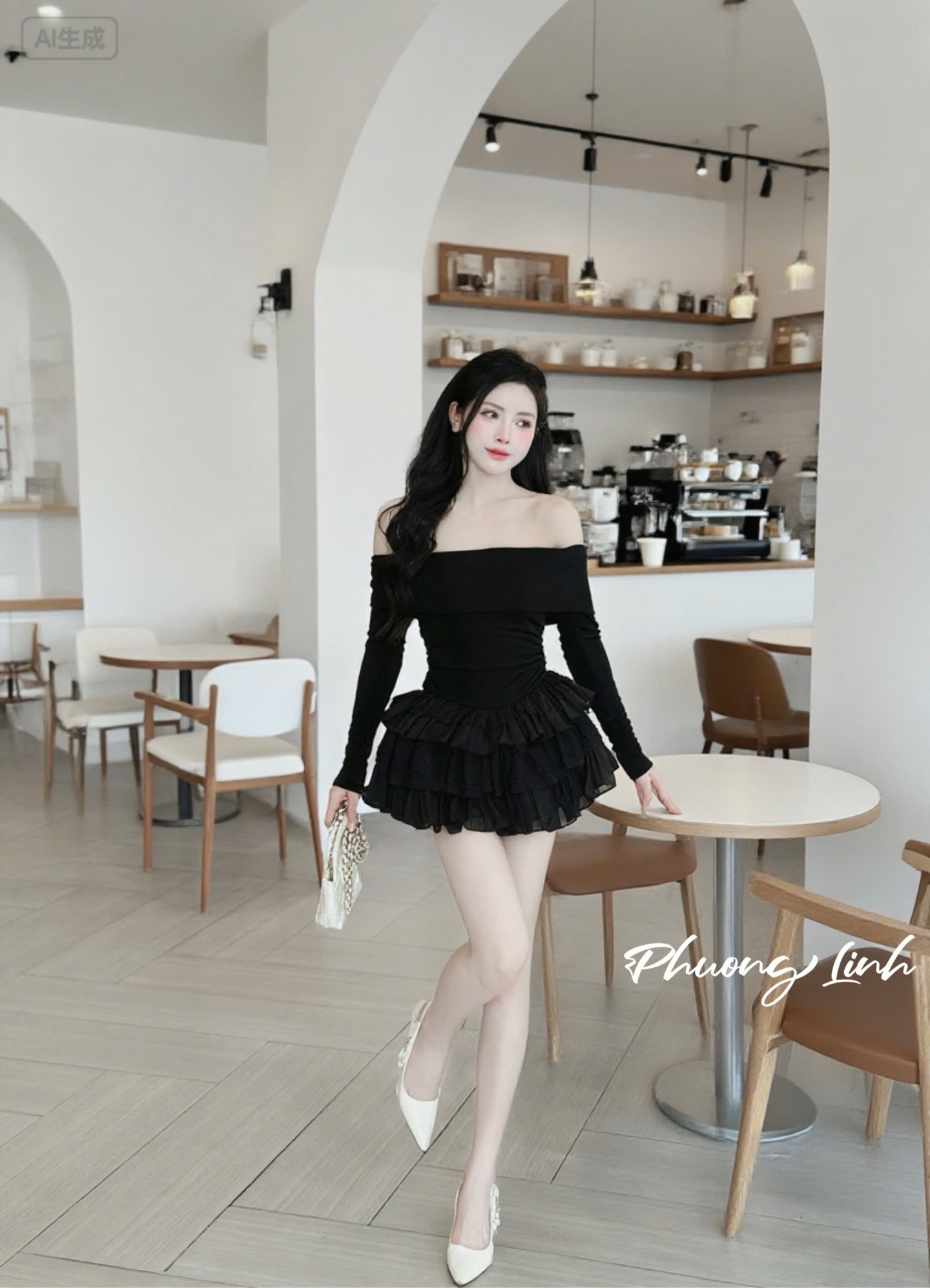 Set trễ vai tay dài chân váy tầng pl