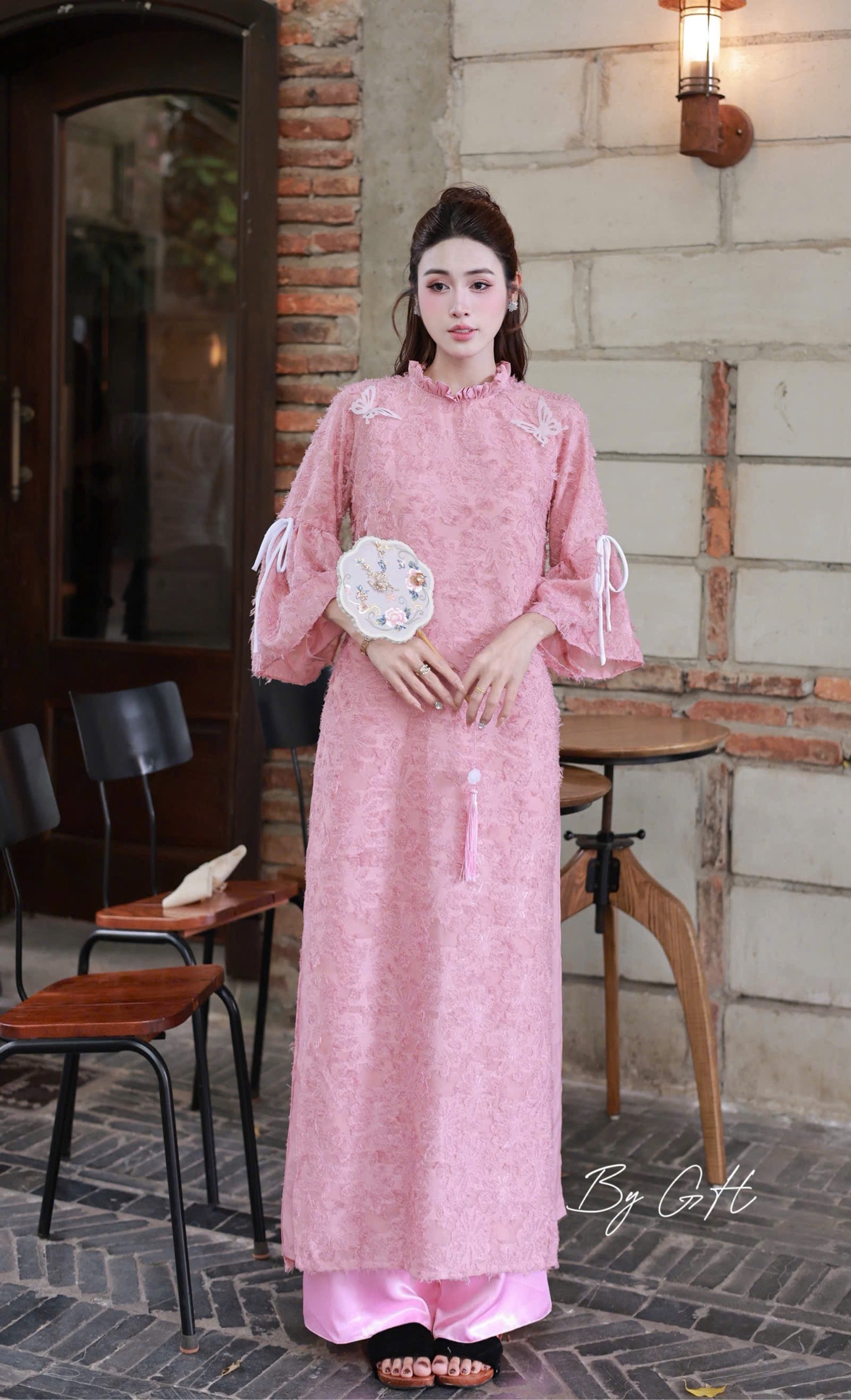 Áo dài tơ lông cổ bèo tay nơ