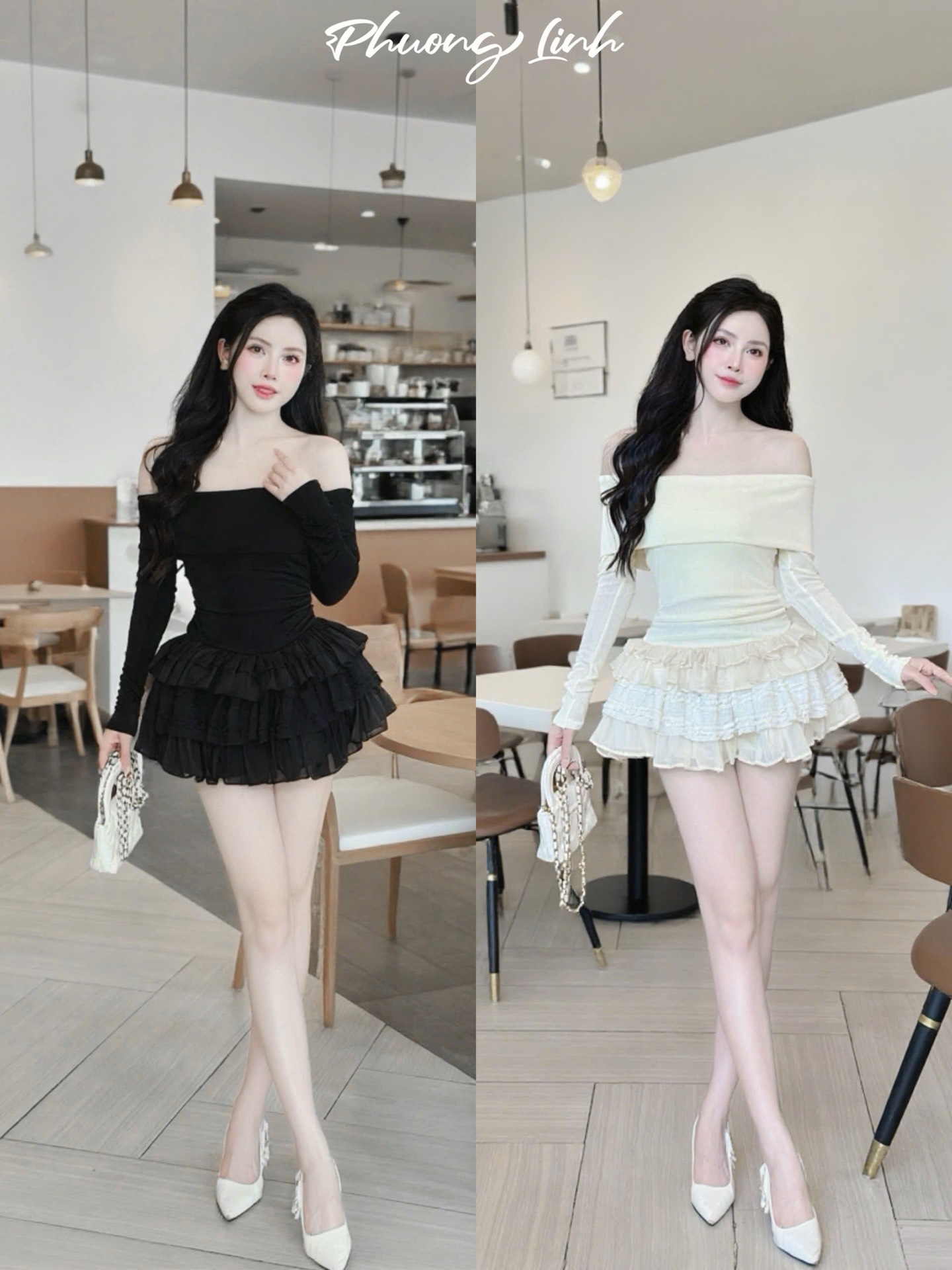 Set trễ vai tay dài chân váy tầng pl