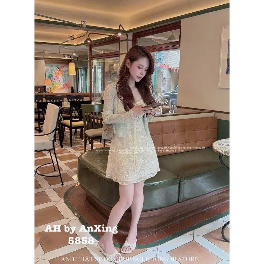 Đầm 2 dây ren cột nơ ngực kèm khoác ngoài
