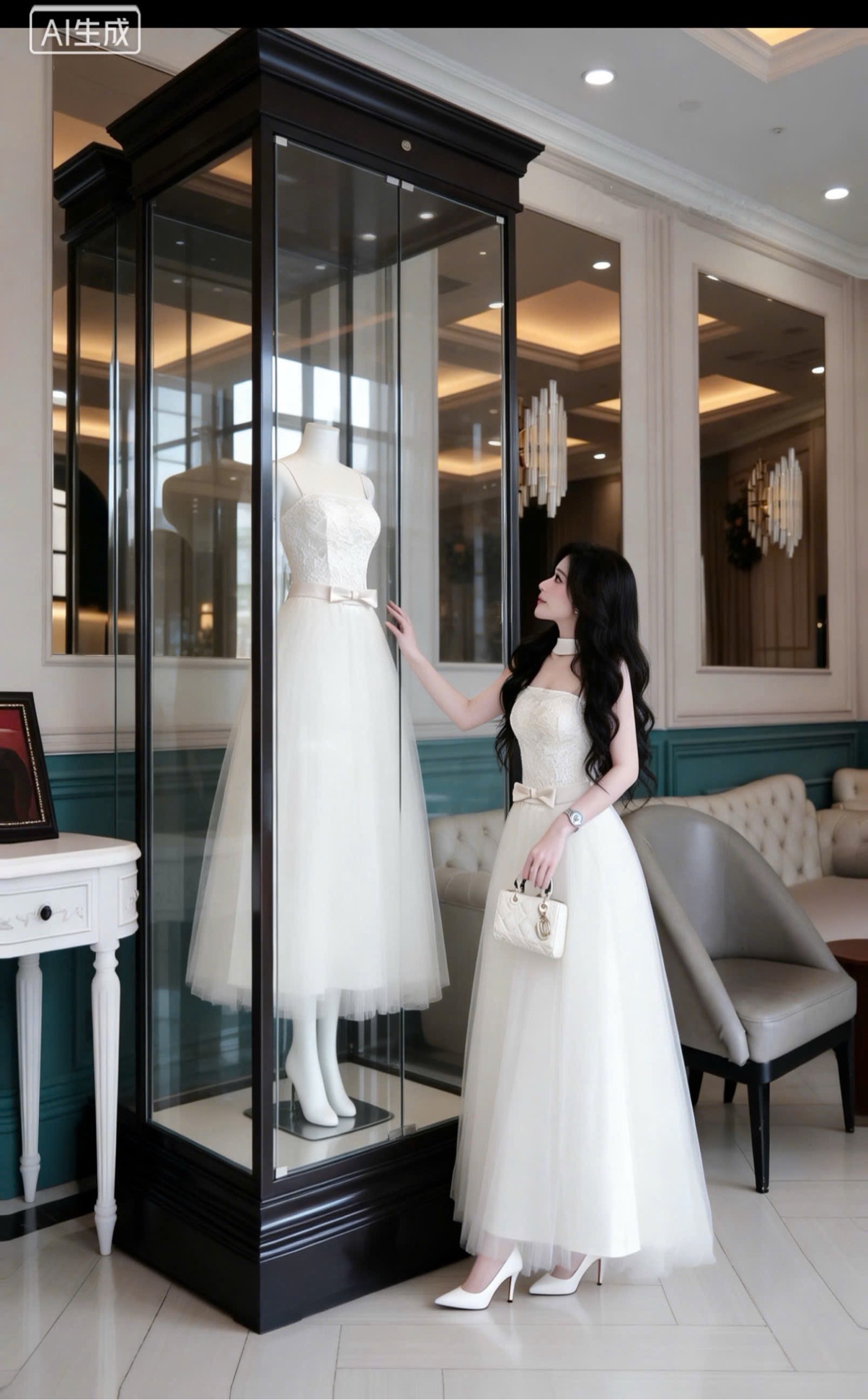 Đầm thiết kế 2 dây ren phối voan bồng kèm dây cổ