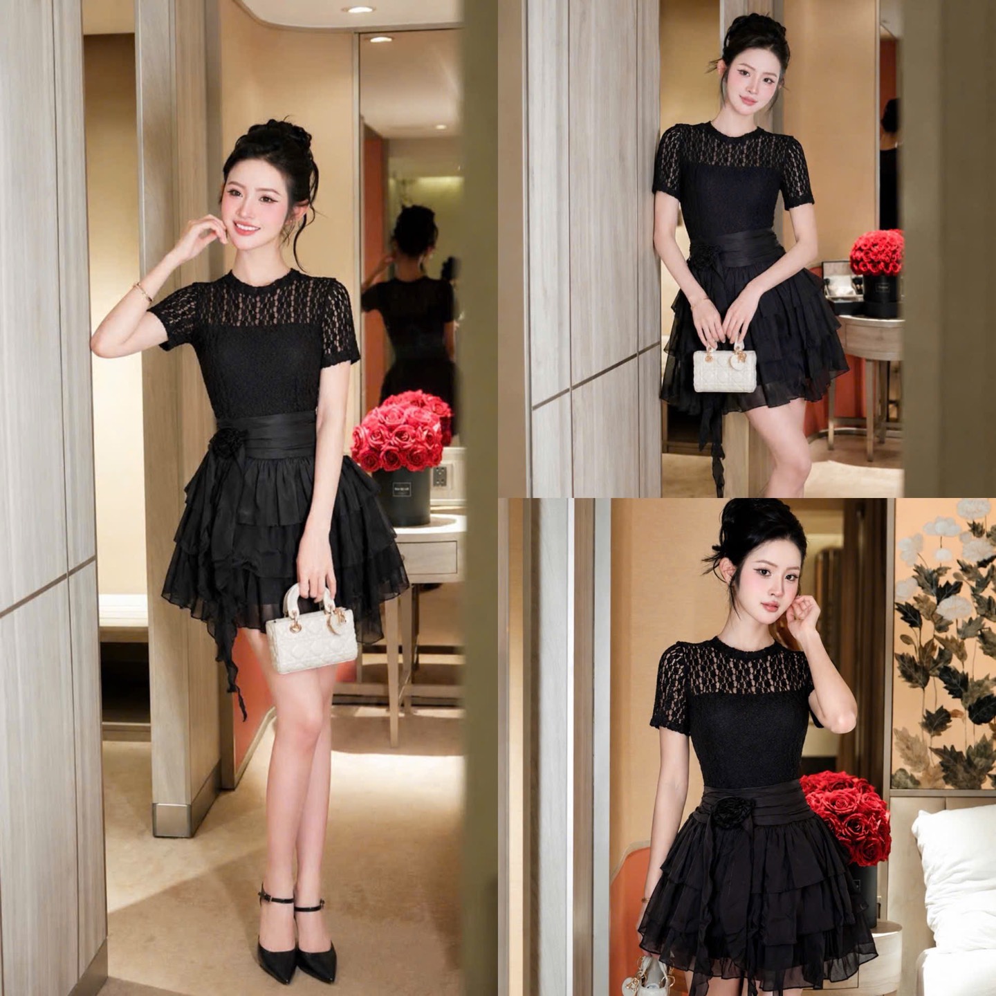 Đầm thiết kế ren cổ tròn cao cấp phối tơ tay ngắn dáng ngắn