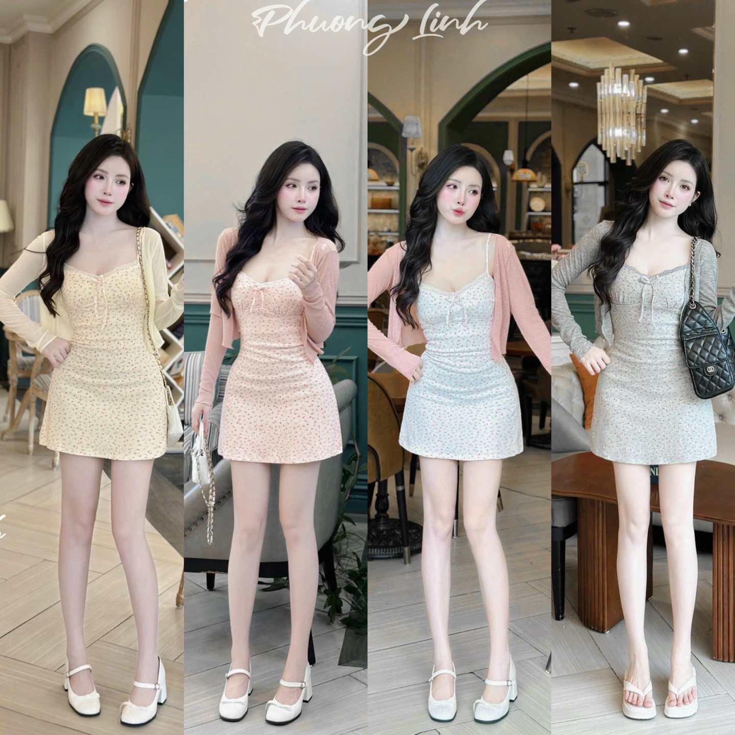 Đầm 2 dây hoa nhí kèm khoác Pl