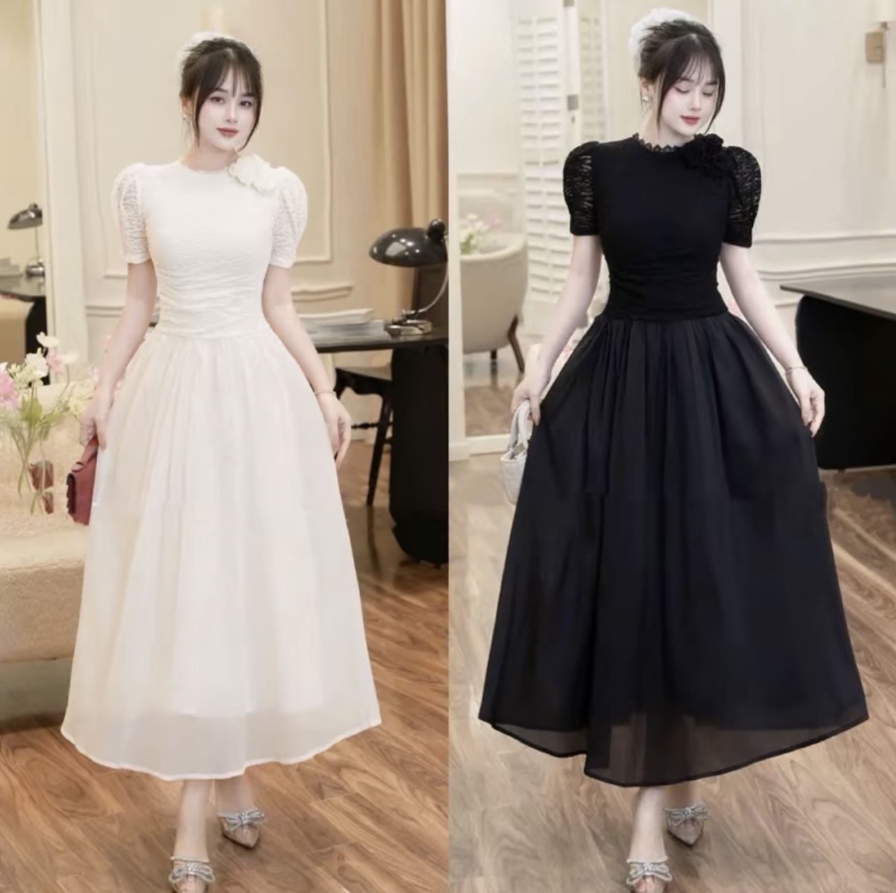 Đầm cổ tròn dáng xoè ôm eo sang chảnh