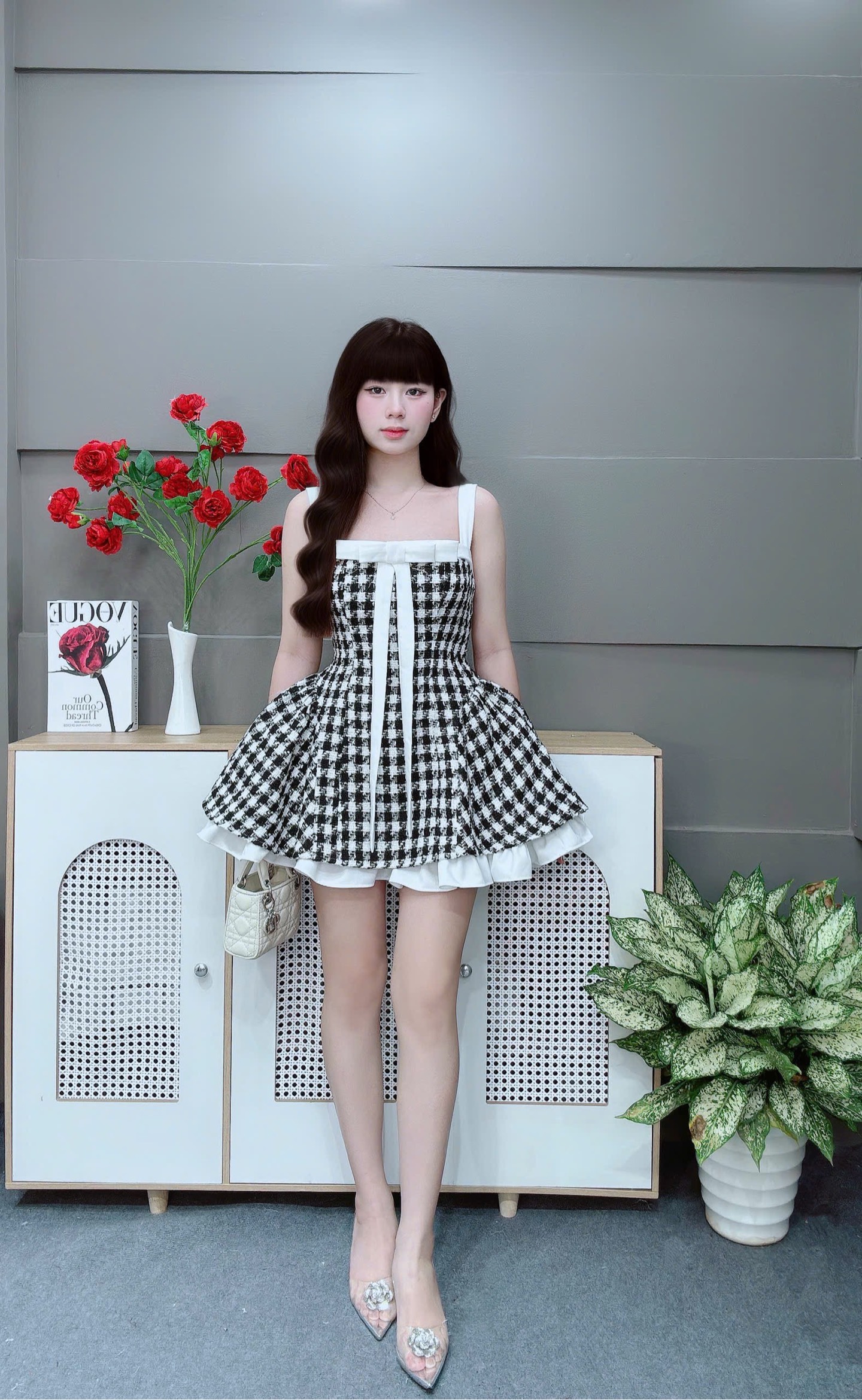 Đầm dây caro nơ ngang ngực LS46065