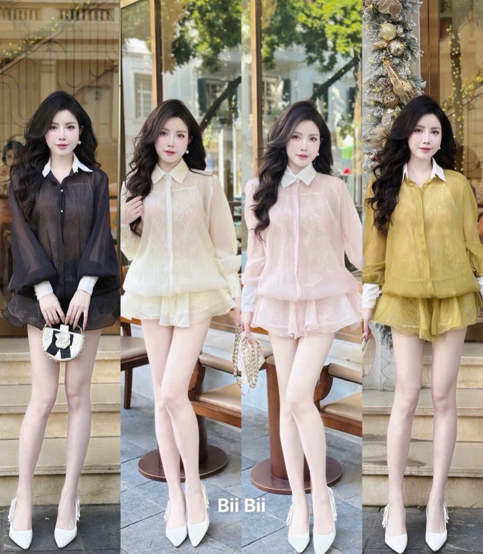 Đầm tay dài voan bo chun xoè kèm áo ren trong + quần