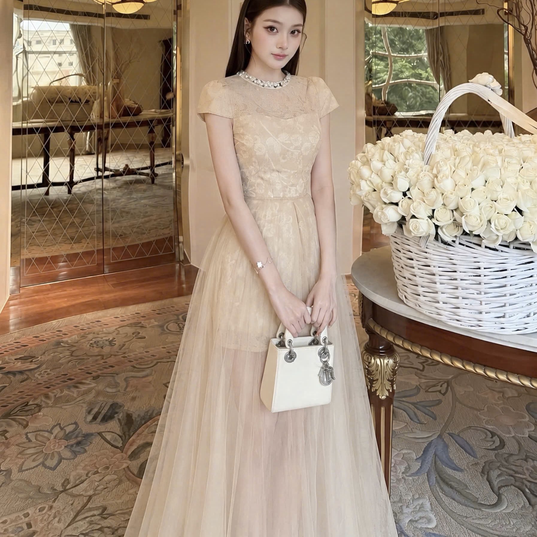 Đầm thiết kế cổ tròn đính đá phối voan xoè