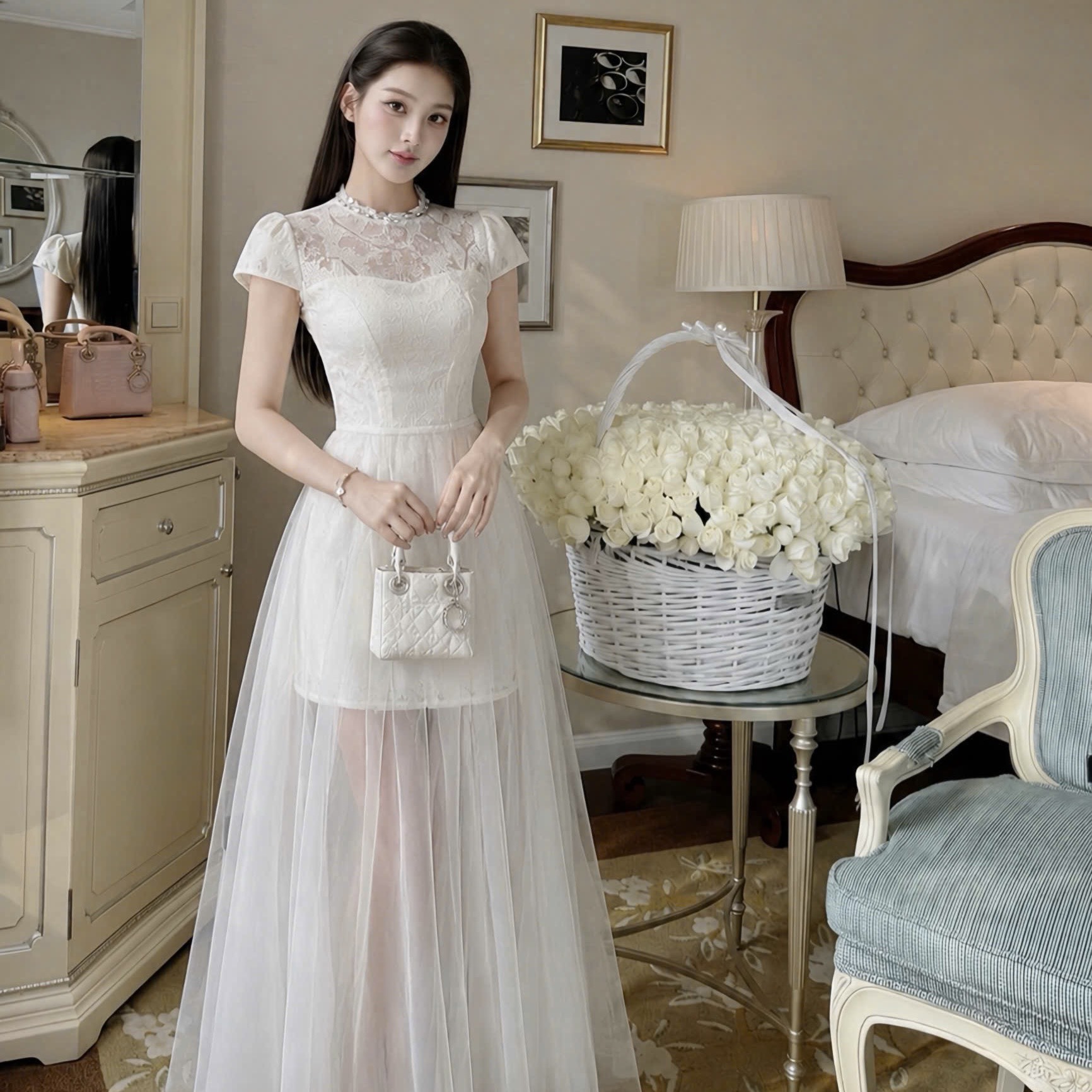 Đầm thiết kế cổ tròn đính đá phối voan xoè
