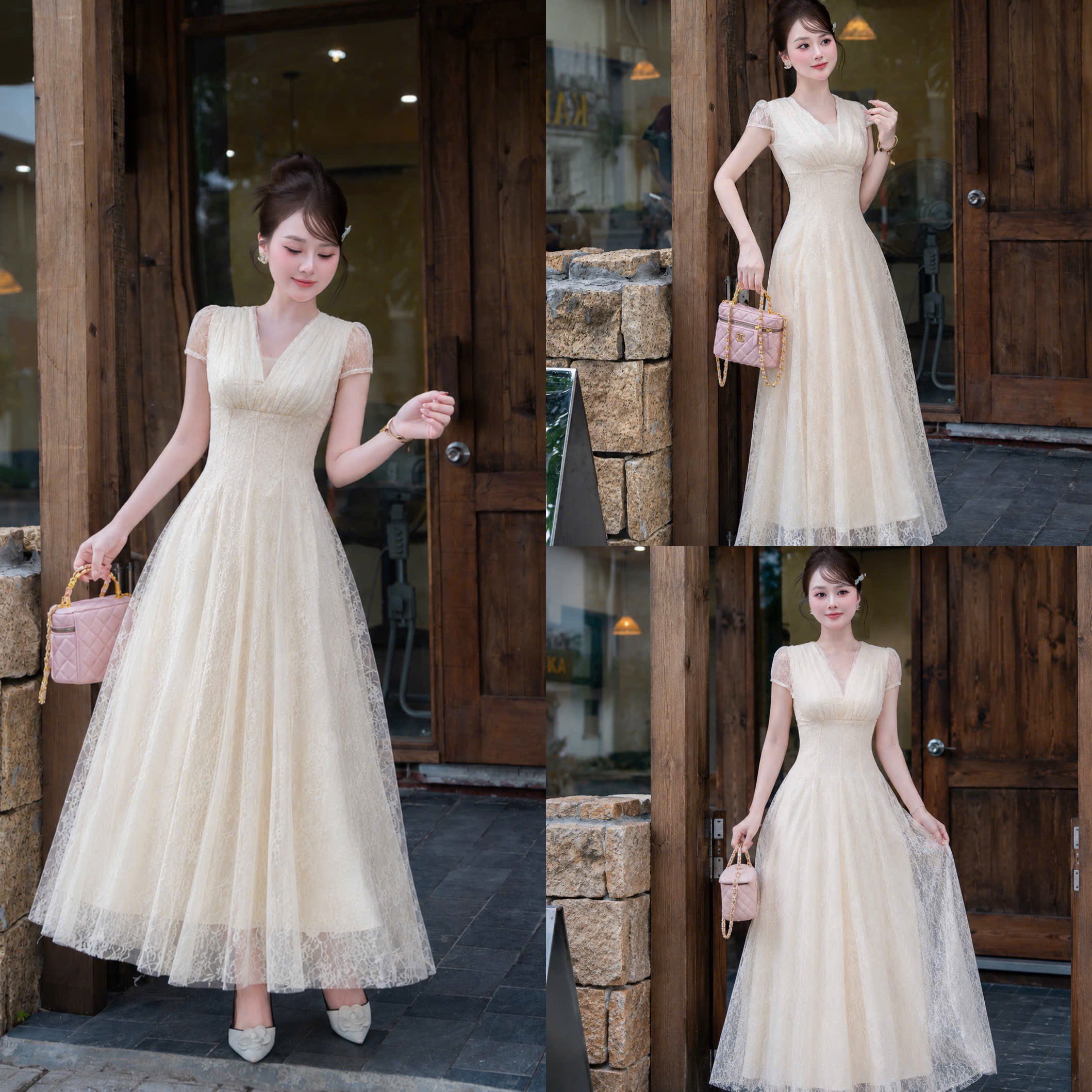 Đầm thiết kế cổ V ren nút sau lưng