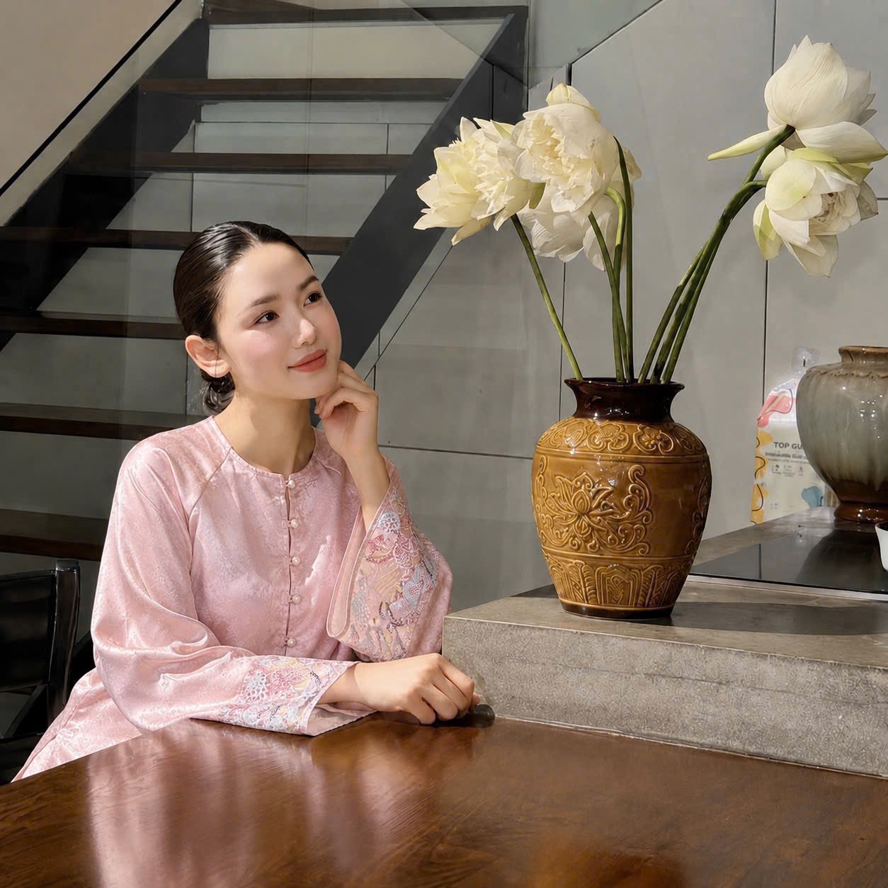 Đồ lam cổ tròn tay loe phối kim sa