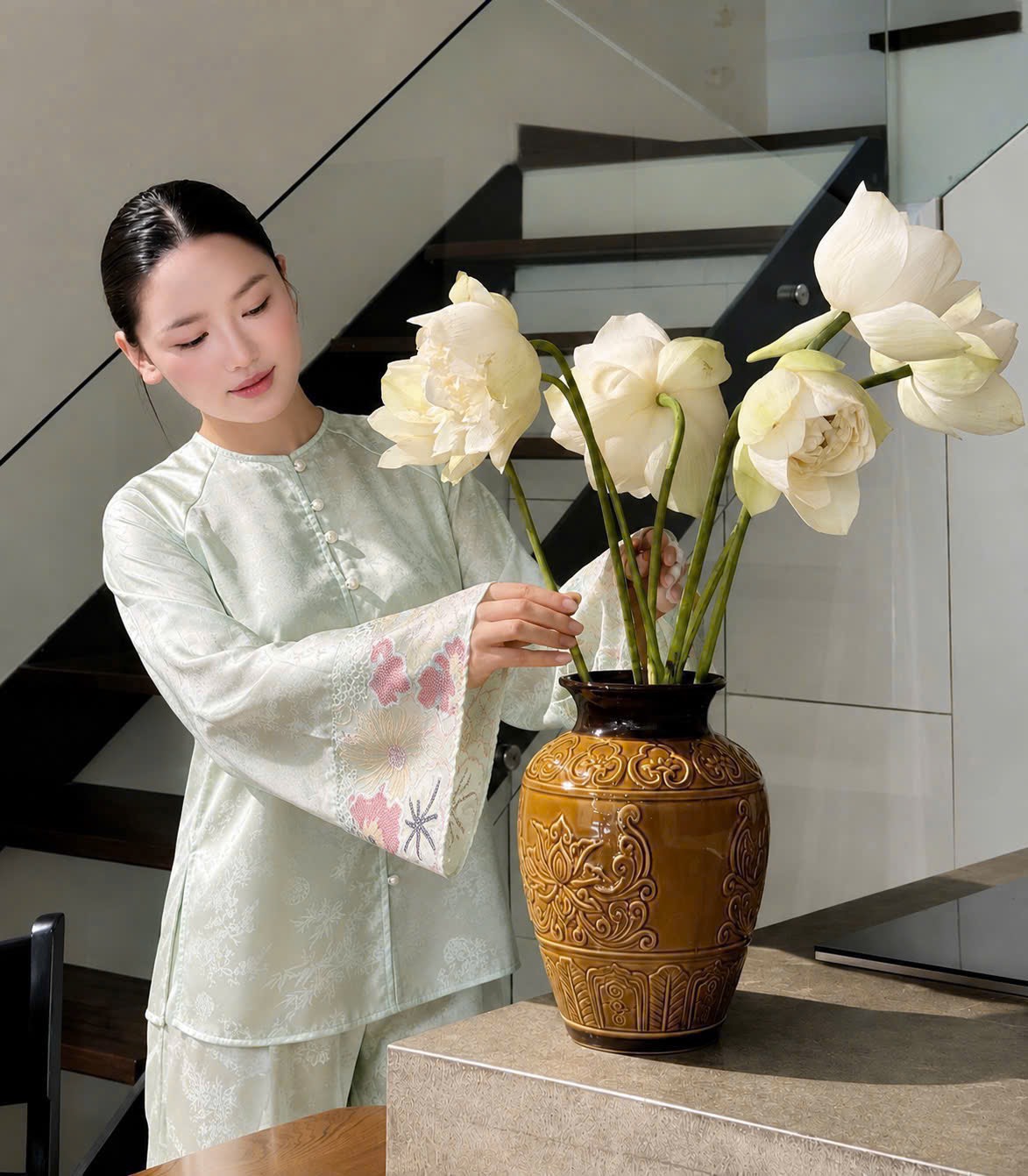 Đồ lam cổ tròn tay loe phối kim sa