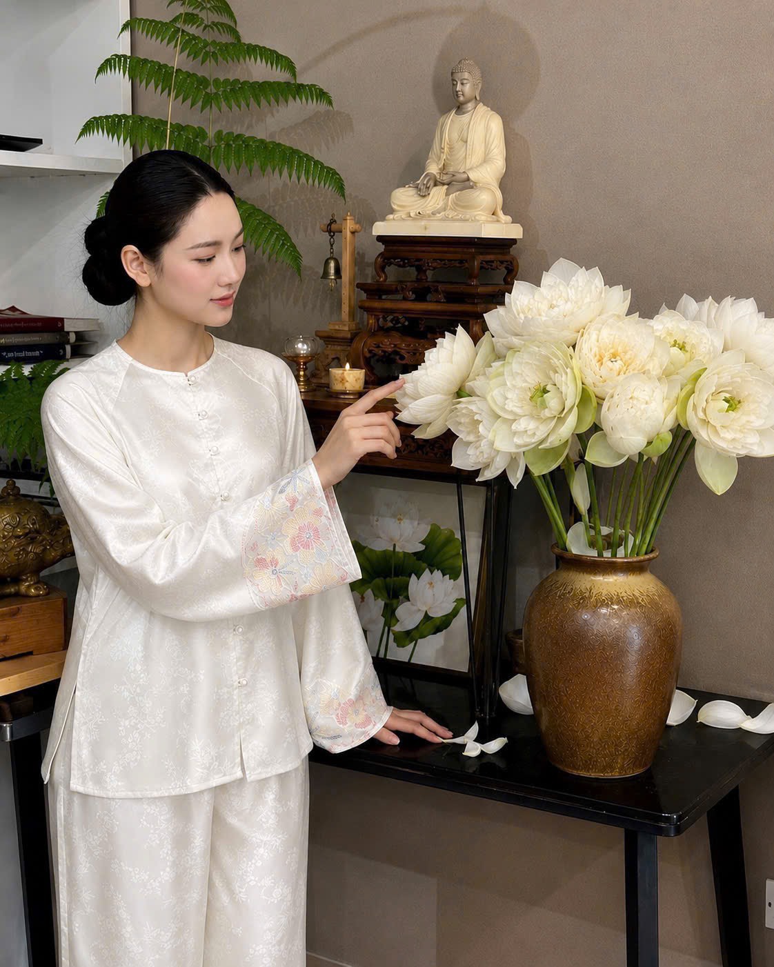 Đồ lam cổ tròn tay loe phối kim sa