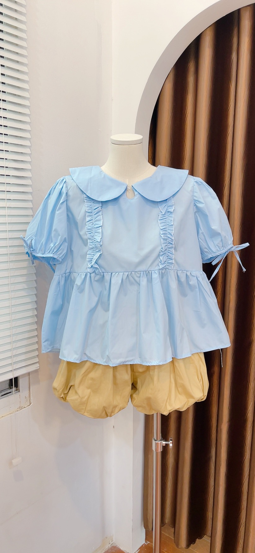 Set áo babydoll xanh cổ sen quần bí ngắn nâu