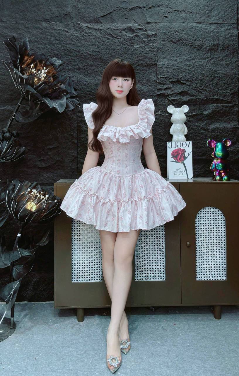 Đầm hoa nhí chiết eo tùng xòe