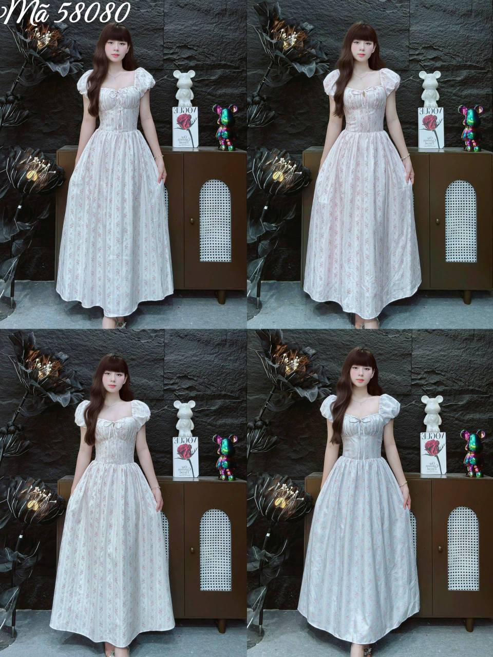 Đầm hoa nhí nơ ngực dáng dài LS 58080