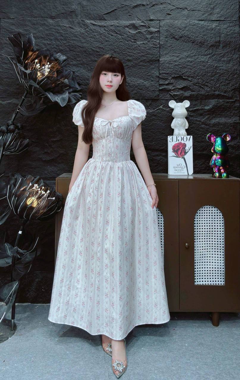 Đầm hoa nhí nơ ngực dáng dài LS 58080