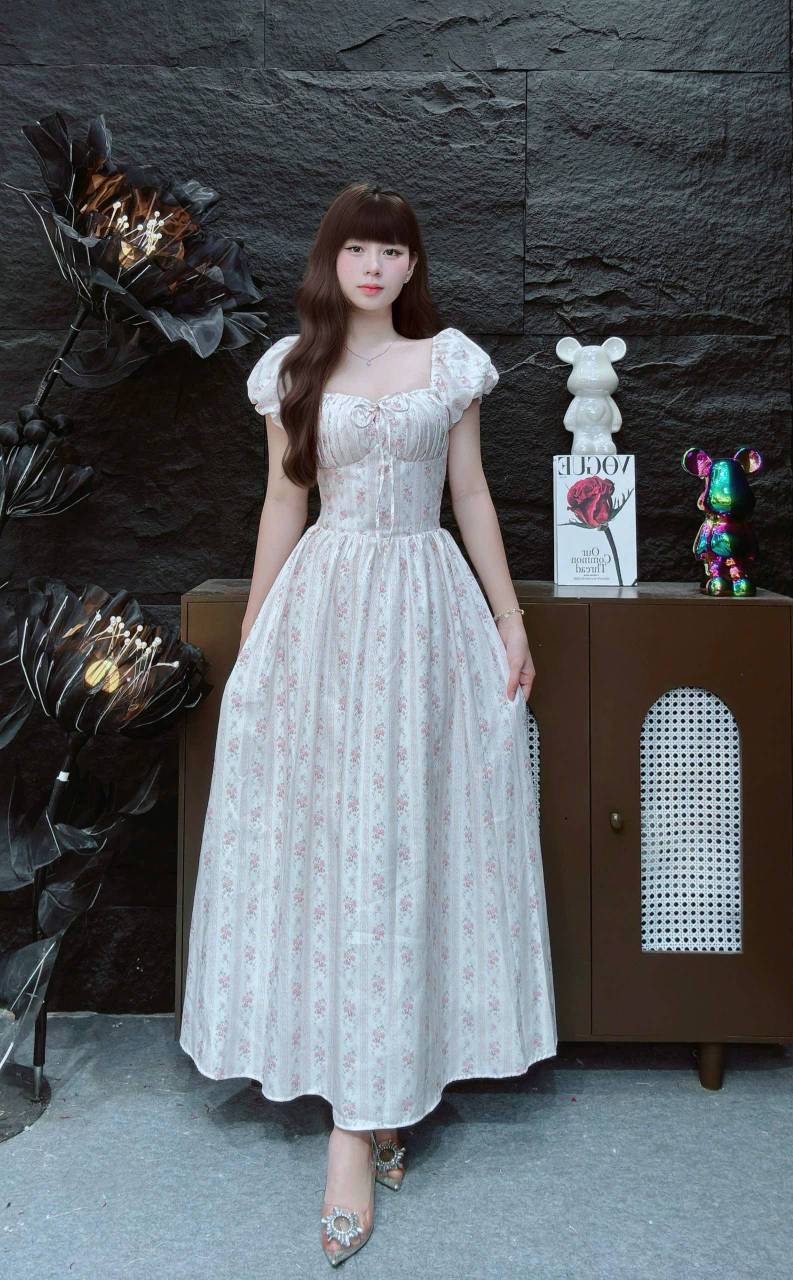 Đầm hoa nhí nơ ngực dáng dài LS 58080