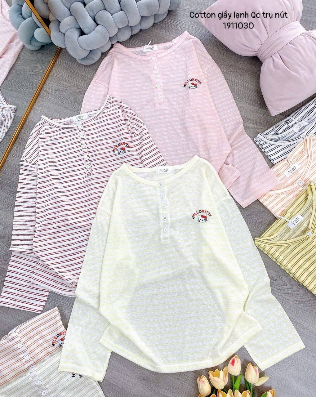 Áo kiểu thun nút trụ thêu hello kitty tay dài