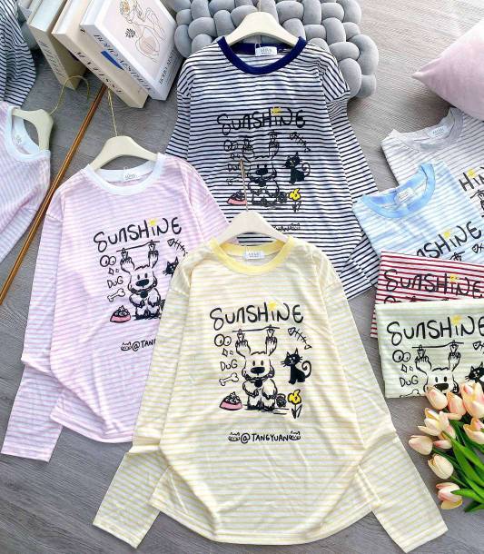 Áo kiểu thun sọc ngang in hình cún mèo tay dài