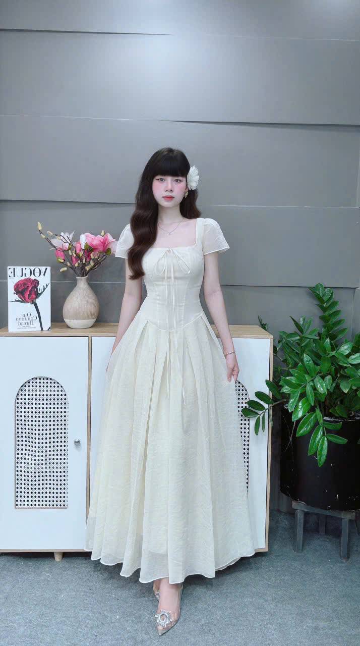 Đầm cổ vuông dáng dài cột nơ ls