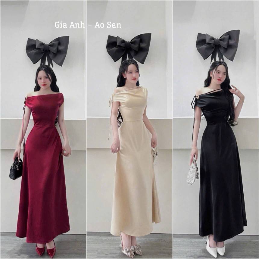 Đầm lụa vai ngang buộc dây