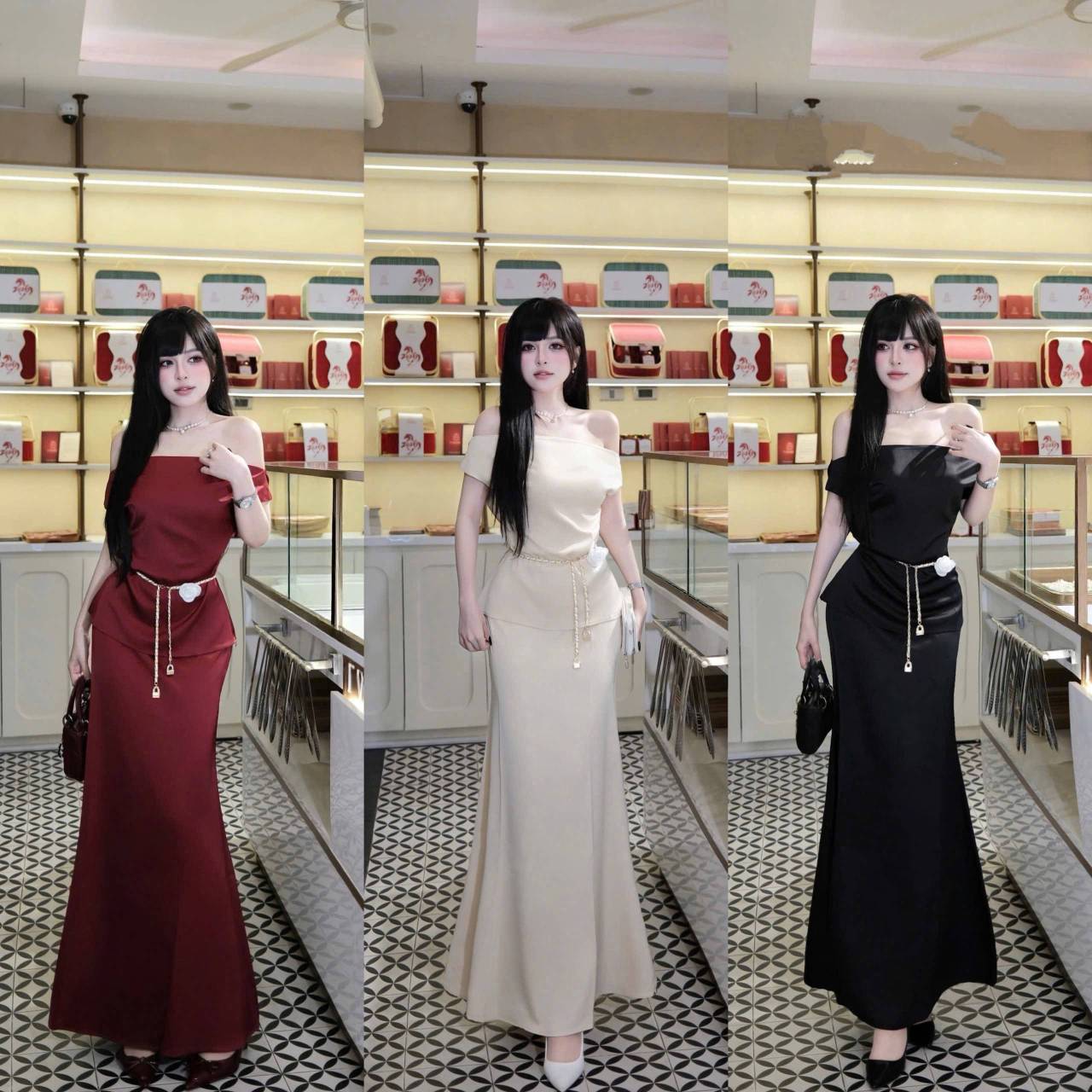 Set đầm lụa trễ vai ôm boby