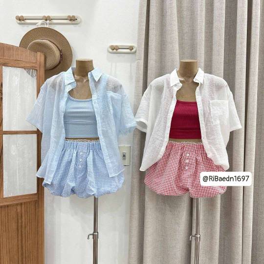 Set 3 món khoác ngoài áo 2 dây kèm quần bí caro