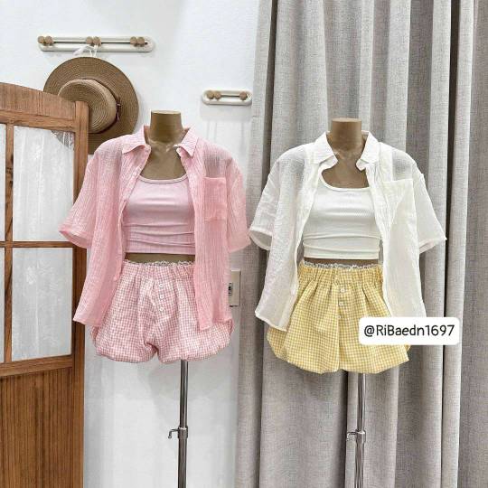 Set 3 món khoác ngoài áo 2 dây kèm quần bí caro